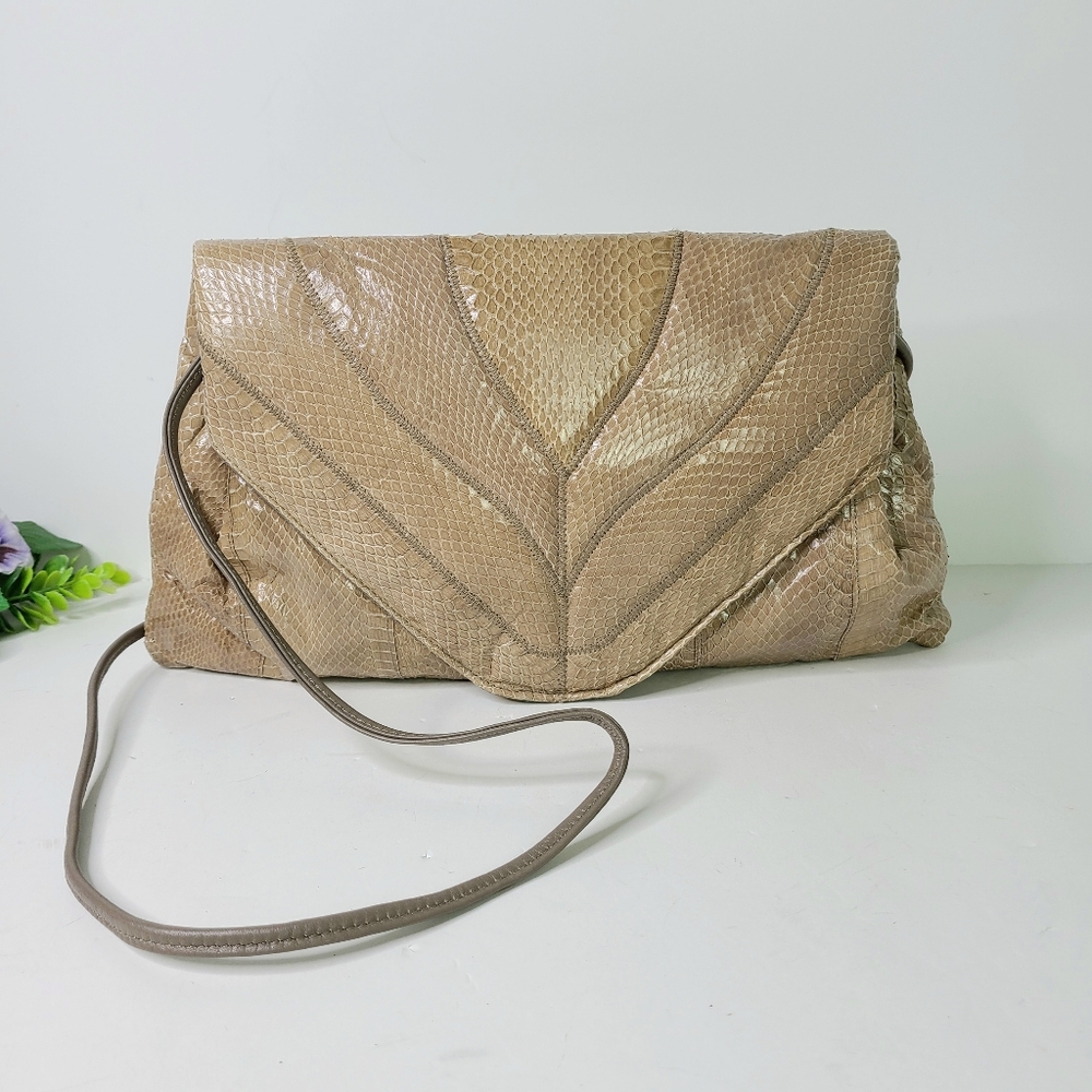 DiVina Quilted Tan Snakeskin Leather Vintage Clutch Crossbody Shoulder Bag
